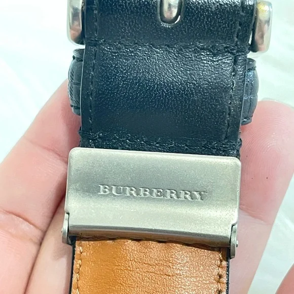 Burberry Black and Brown Leather Belt with Silver Buckle w/COA